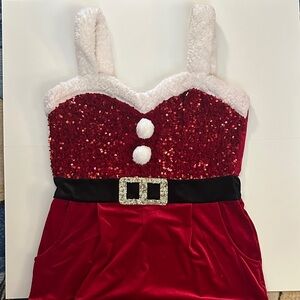 Born Famous Ladies Red Sequin Santa Jumpsuit Costume with Faux Fur Trim